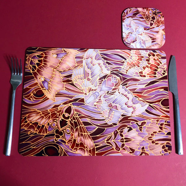 Moths Placemats & Coasters - Chocolate Lilac Grey Table Mats - glass chopping boards