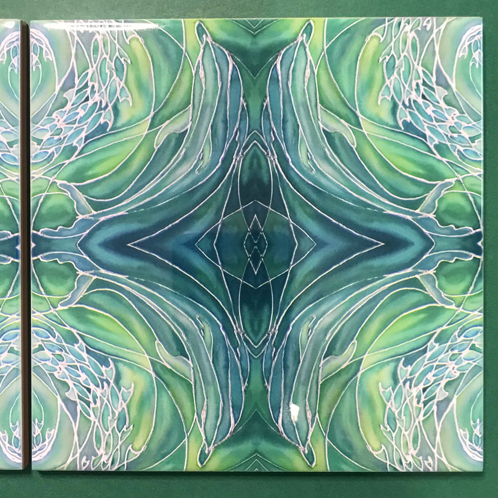 Sea Green Dolphins Ceramic Tiles -  Green Bathroom Kitchen Hand Printed Tiles