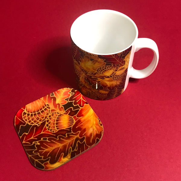 Autumnal Oak Leaves and Acorns Mug - Mug and Coaster Box Set - Red Mug Set - Leaves Mug Gift