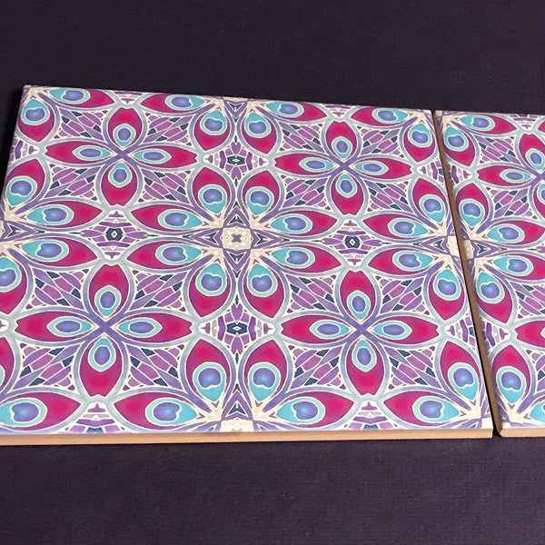 Lavender Plum Eye of the Peacock Feather Tiles - Blue Lilac Tiles  - Bohemian Nouveau Ceramic Hand Printed Tiles
