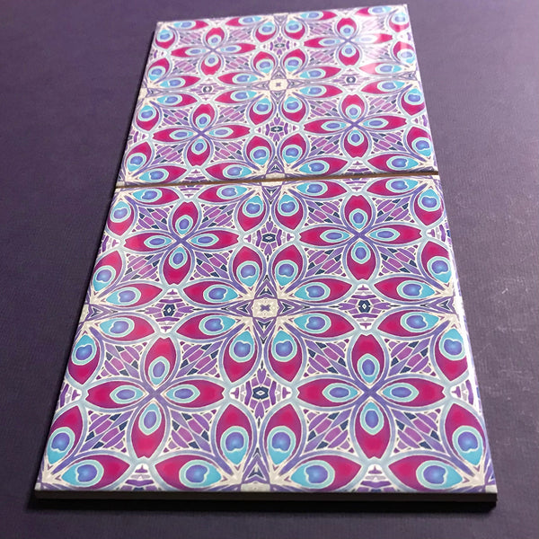 Lavender Plum Eye of the Peacock Feather Tiles - Blue Lilac Tiles  - Bohemian Nouveau Ceramic Hand Printed Tiles