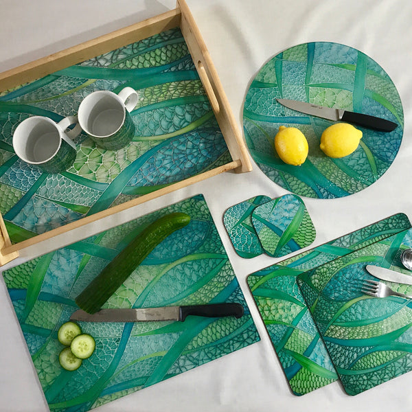 Green Tableware - Lime Green Placemats - Green Coasters - Green Glass Chopping boards - Green Glass Counter Savers - Green Glass Serving Platters - Fish Scales - Green melamine serving tray - Green table mats - Durable hardwearing table mats - Meikie designs Sea Green Table Mats, Place Settings, Coasters, Mugs, Chopping Boards, Trivets, Round Table Mats, Mouse Mats. Emerald Aqua Teal Lime Turquoise