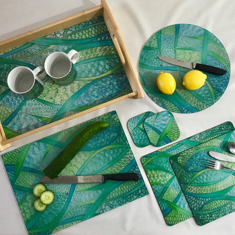 Green Tableware - Lime Green Placemats - Green Coasters - Green Glass Chopping boards - Green Glass Counter Savers - Green Glass Serving Platters - Fish Scales - Green melamine serving tray - Green table mats - Durable hardwearing table mats - Meikie designs Sea Green Table Mats, Place Settings, Coasters, Mugs, Chopping Boards, Trivets, Round Table Mats, Mouse Mats. Emerald Aqua Teal Lime Turquoise