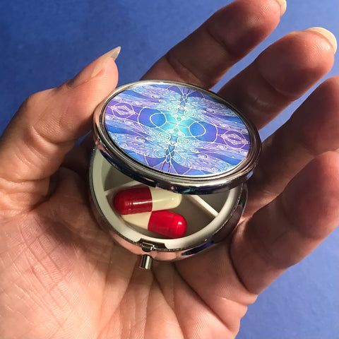 Blue Dragonflies Pill Box - Pretty Art Nouveau Style Blue Round Box - Stud Earing Jewellery Box