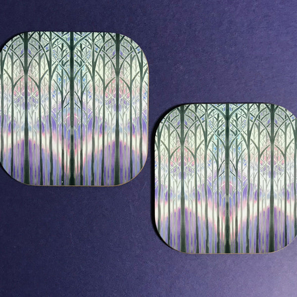 Charcoal Purple Misty Trees Table Mats - Tall Trees Place Mats - Cloisters Chopping Boards