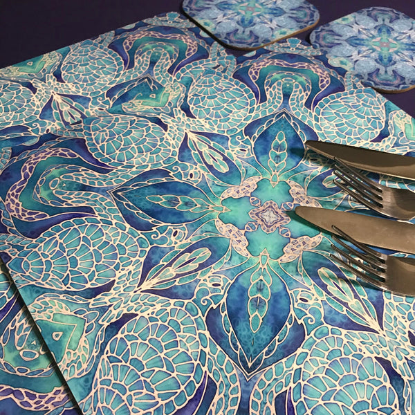 Blue Turtle Mandala Square Mats & Coasters - Sea Life Table Mats
