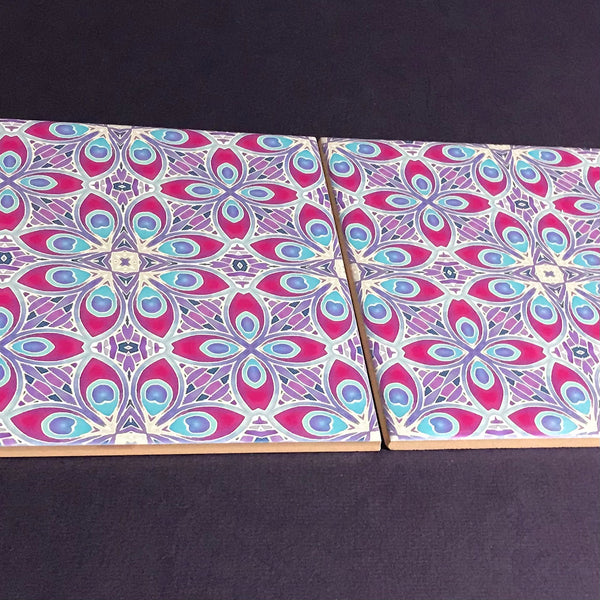 Lavender Plum Eye of the Peacock Feather Tiles - Blue Lilac Tiles  - Bohemian Nouveau Ceramic Hand Printed Tiles
