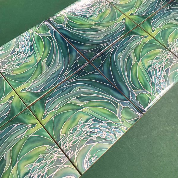 Sea Green Dolphins Small 4.25” Square Tiles -  Green Ceramic Bathroom Kitchen Hand Printed Tiles