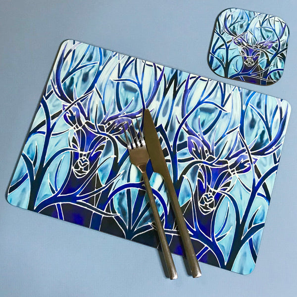 Blue Stag rectangular table mats and matching coasters - hard wearing durable mats - 32x23cm placemats in blue and aqua -gift for woodland, forest, tree and wildlife lovers.