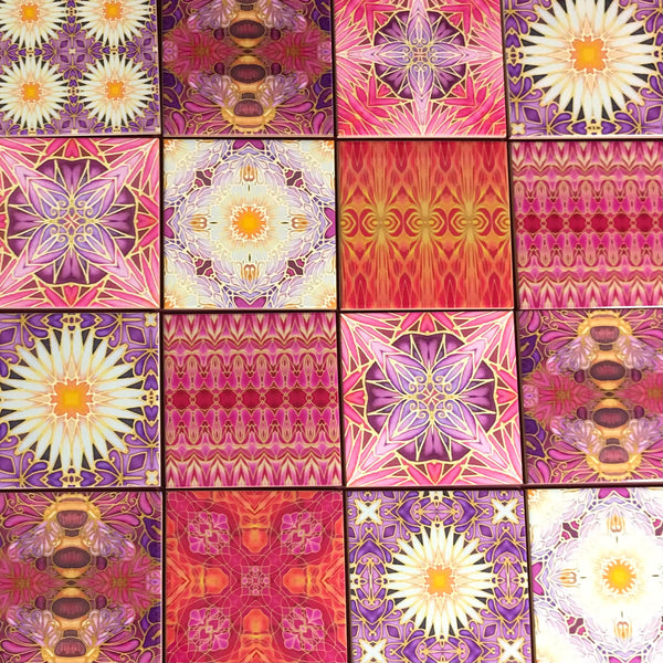 Clementine Rose Set of 20 Ceramic Tiles - Bohemian Blue Pink and Gold Warm Gentle Bohemian Kitchen Tiles