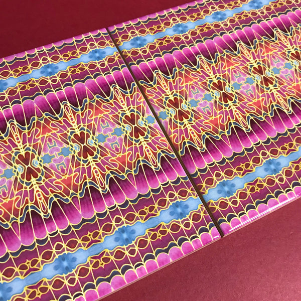 Carnival Magenta Bathroom Tiles - Bohemian Pink Red Blue and Gold  Kitchen Tiles - Orchid Repeat Decorative Tiles