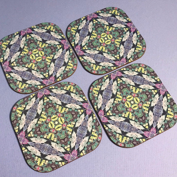 Kaleidoscope Butterfly Square Table Mats & Coasters - Lilac Charcoal Pink and Green Table Mats