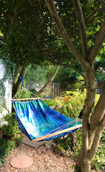 Gorgeous Blue Green Reversible Hammock - featuring Blue Shoal on one side and Dragonflies on the reverse.