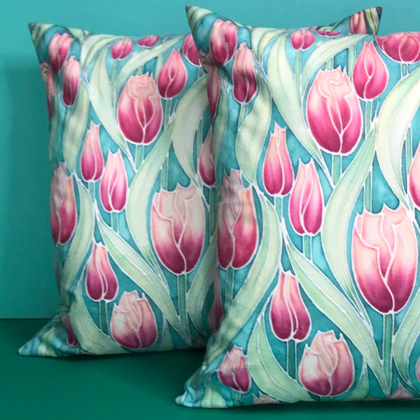 Pink Tulips cushion - printed onto suedette fabric - pink and mint green colours