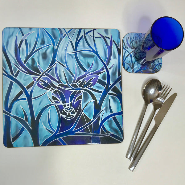Blue Stag square table mats and matching coasters - hard wearing durable mats - 28x28cm  placemats in blue and aqua -gift for woodland, forest, tree and wildlife lovers. 
Square Stag place Mat - Stag Table Mats and Coasters