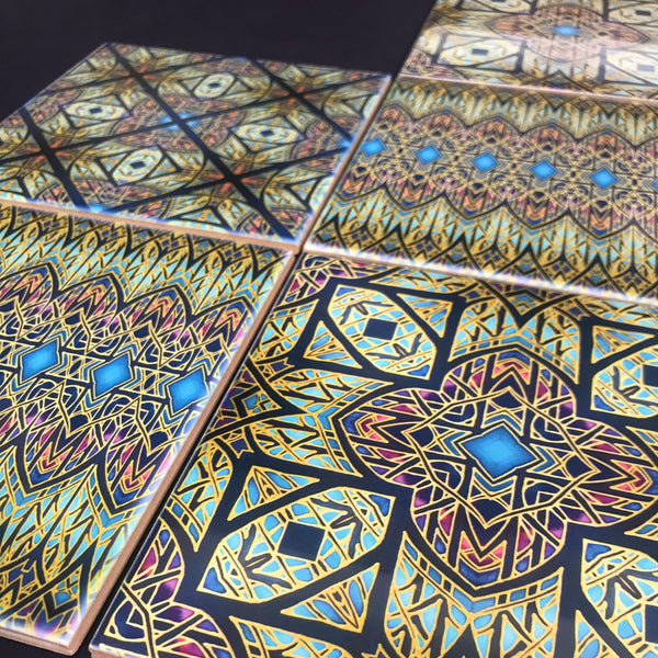 Cathedral Windows Mixed Tiles Set - Blue Purple Green Gold Tiles - Beautiful Bohemian Tiles