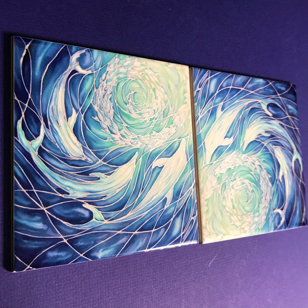 Blue Dolphins Ceramic Tiles -  Bathroom Kitchen Hand Printed Tiles