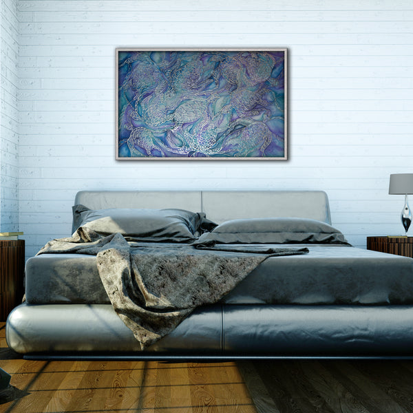 Blue Grey Turtles Original Silk Painting - blue turquoises  green Original Art