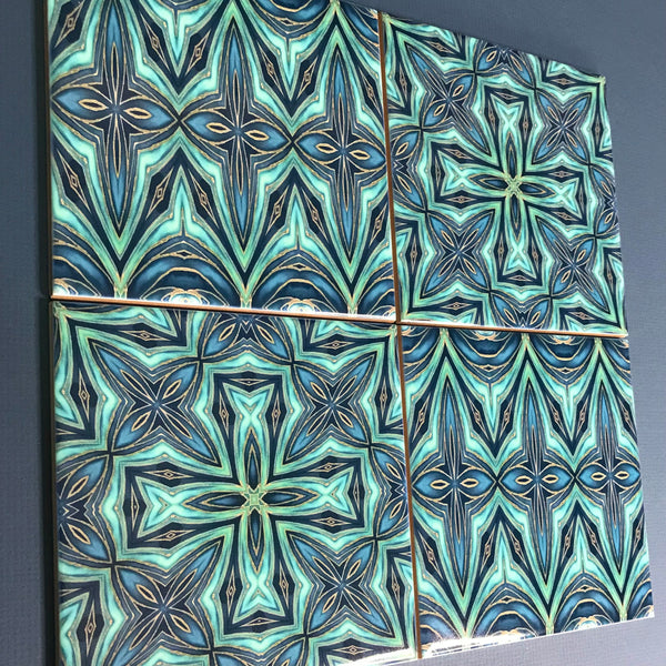 Mixed Set of Blue Teal Geometric Fusion Tiles -  Ceramic Hand Printed Bathroom Kitchen Tiles