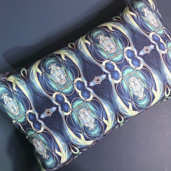 Teal Blue Aqua Dolphin Frieze Cushion - Ultramarine Turquoise Chenille Fabric - Intricate pattern pillow