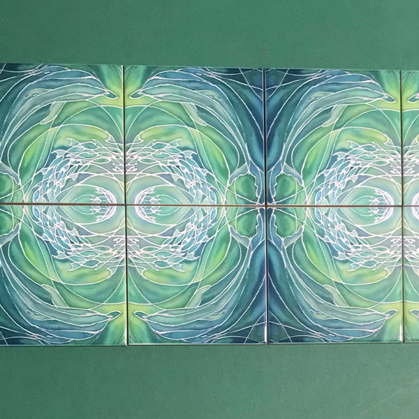 Sea Green Dolphins Small 4.25” Square Tiles -  Green Ceramic Bathroom Kitchen Hand Printed Tiles