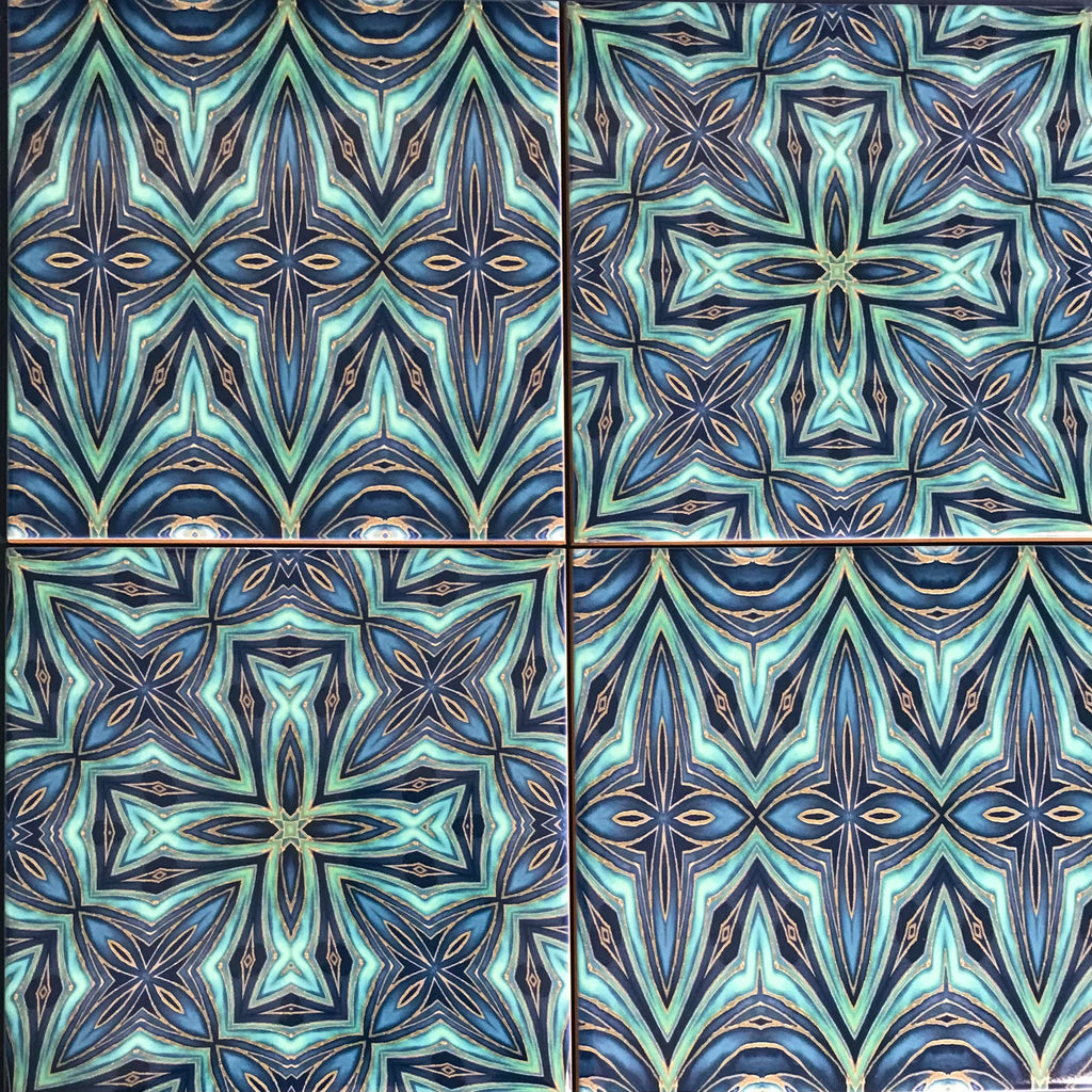 Mixed Set of Blue Teal Geometric Fusion Tiles -  Ceramic Hand Printed Bathroom Kitchen Tiles