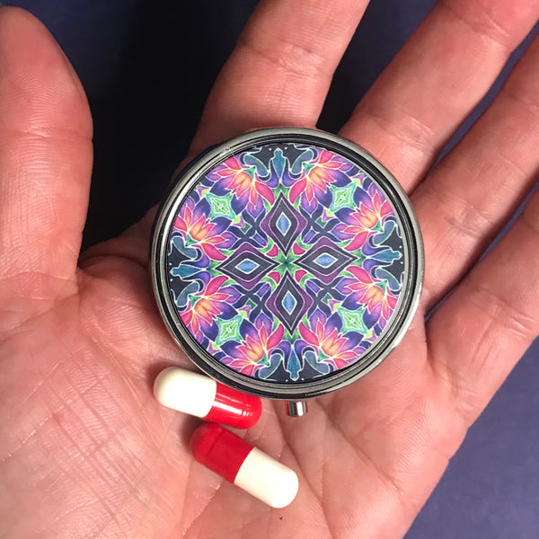 Pink Purple Green Fiesta Compact Pill Box - Stud Earing Jewellery Box