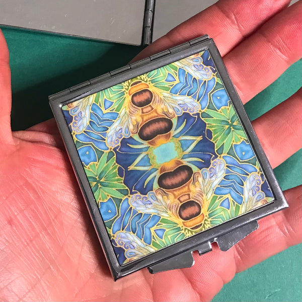 Blue Green Gold Bumble Bee Pocket Mirror - Pretty Handbag Mirror - Gift for Her