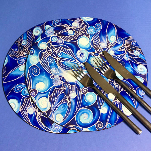 Table Mats Cobolt Blue -  Blue Swallows Place Mats - Blue Glass Chopping Boards -Swallows Coasters
