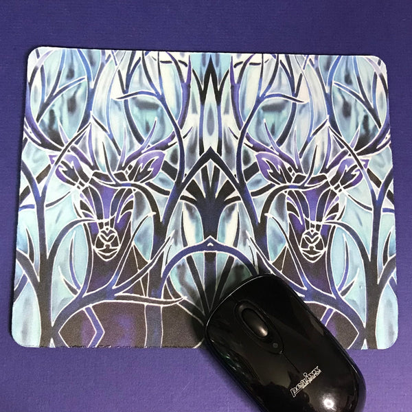 Blue Stag mouse mat in blue and aqua -gift for woodland, forest, tree and wildlife lovers.