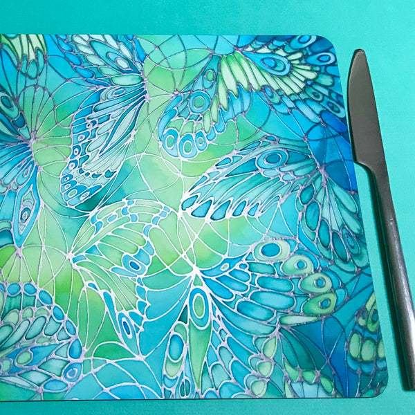 Green Tableware - Lime Green Placemats - Green Coasters - Green Glass Chopping boards - Green Glass Counter Savers - Green Glass Serving Platters - Butterfly Wings  - Green melamine serving tray - Green table mats - Durable hardwearing table mats - Meikie designs Sea Green Table Mats, Place Settings, Coasters, Mugs, Chopping Boards, Trivets, Round Table Mats, Mouse Mats. Emerald Aqua Teal Lime Turquoise. Round Table Mats. rectangular place mats.