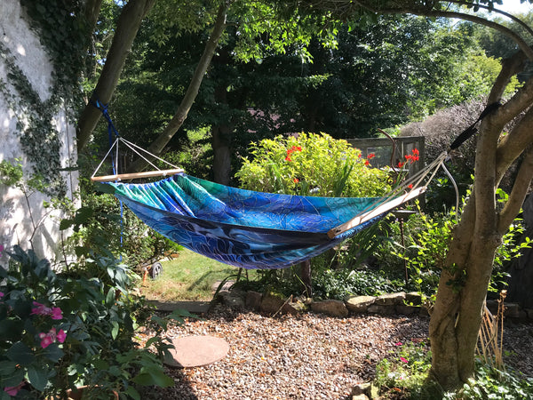 Gorgeous Blue Green Reversible Hammock - featuring Blue Shoal on one side and Dragonflies on the reverse.