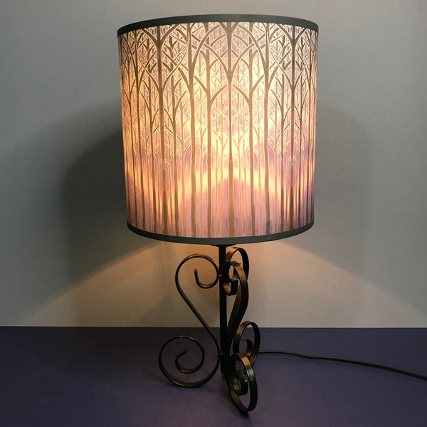 Calming Misty Trees Contemporary Lamp Shade - Lavender Lilac Grey Charcoal Drum Shade - Atmospheric lighting