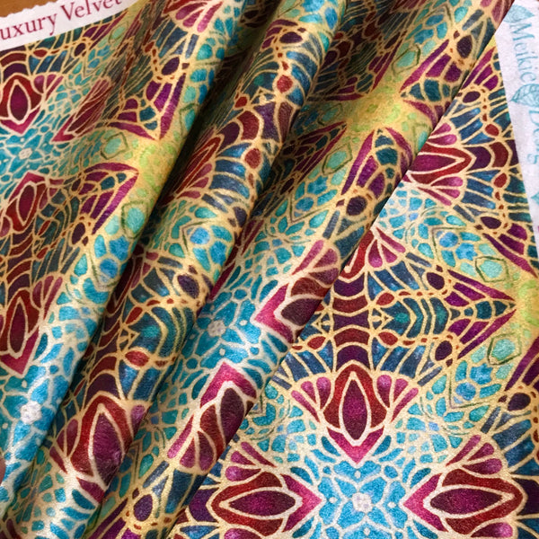 Teal Green Red Lime Gold 'Butterfly Bauble' Designer 100% Cotton Satin fabric for curtains, upholstery and soft furnishings