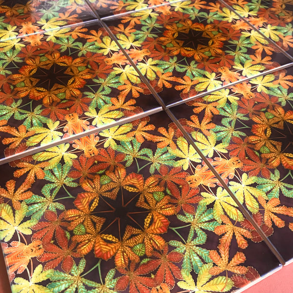 Nouveau Style Horsechestnut Leaf Tiles - Beautiful Green Rust Chocolate Tiles - Bohemian Ceramic hand printed  Tiles