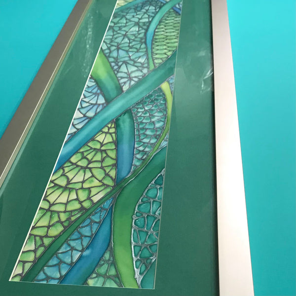 SOLD - Vibrant Green Contemporary Flowing Water Original Silk Painting - green turquoise Hand-Painted Silk Art -