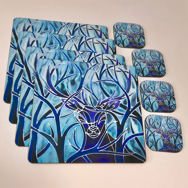Blue Stag square table mats and matching coasters - hard wearing durable mats - 28x28cm  placemats in blue and aqua -gift for woodland, forest, tree and wildlife lovers. 
Square Stag place Mat - Stag Table Mats and Coasters
