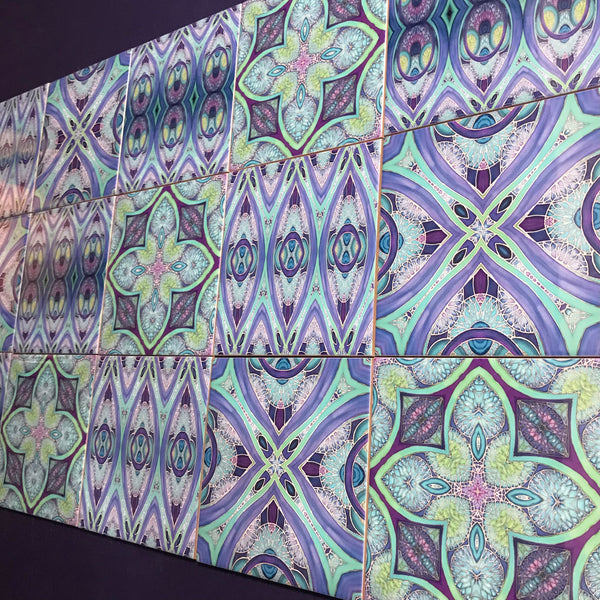Mediterranean Blue Green Purple Set of 50 Ceramic Tiles - Blue Green Purple Turquoise Bright Bohemian Kitchen Tiles