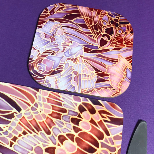 Moths Placemats & Coasters - Chocolate Lilac Grey Table Mats - glass chopping boards