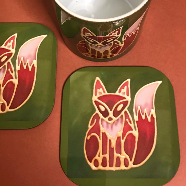 Cute Fox Mug & Coaster - Fox Mug Box Set - Green Red Fox Mug - Fox Lovers Mug Gift