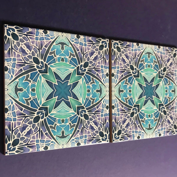 Nouveau Aqua Lilac Charcoal Butterfly Bathroom Tile - Bohemian Kitchen Tiles - Butterfly Kaleidoscope Repeat Decorative Tiles