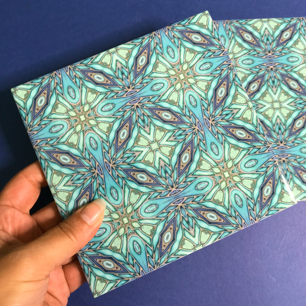 Bohemian 6x6” Mint Aqua Green Turquoise Mosaic Star Tiles - Beautiful Green Turquoise Tiles - Bohemian Ceramic printed  Tiles