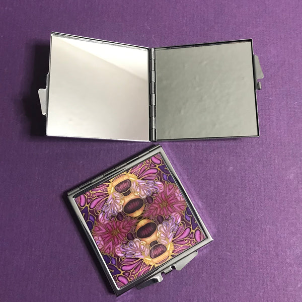 Pink Plum Gold Bumble Bee Pocket Mirror - Pretty Handbag Mirror - Gift for Her