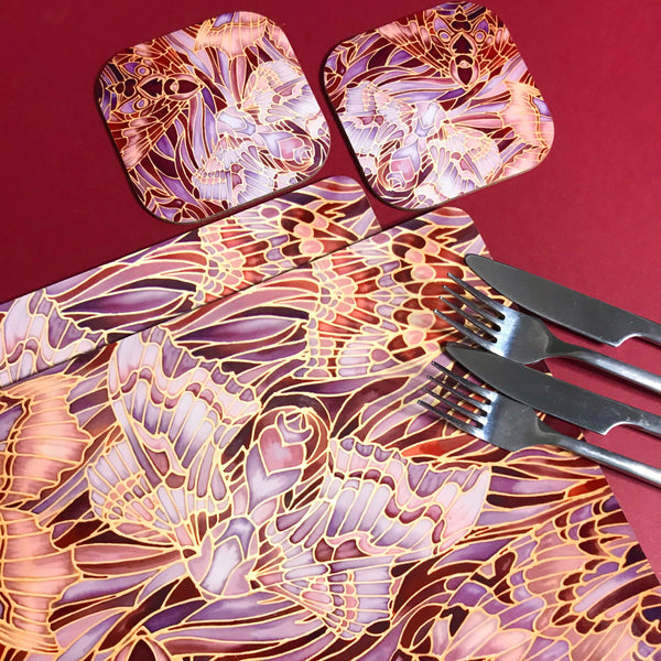 Moths Placemats & Coasters - Chocolate Lilac Grey Table Mats - glass chopping boards