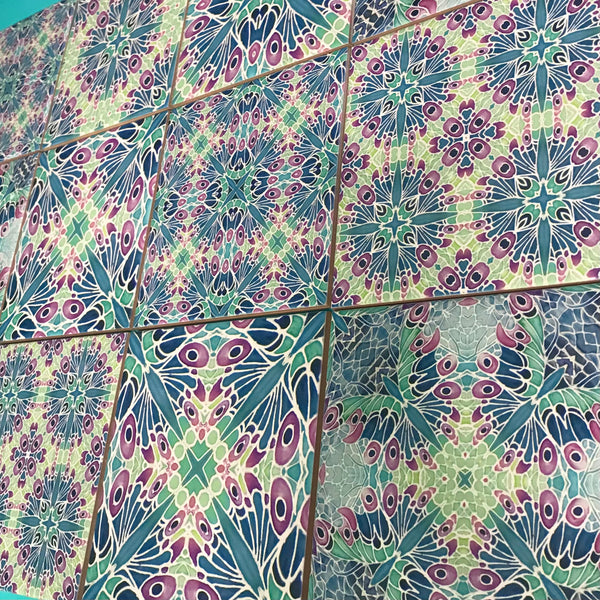 Butterfly Sherbet Mixed Set of 20 Ceramic Tiles - Bohemian Blue Pink and Mint Gentle Bohemian Kitchen Tiles