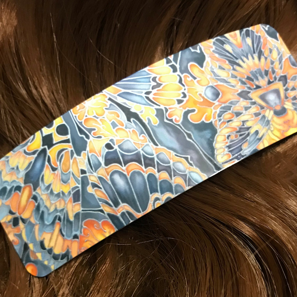 Grey Orange Charcoal Butterflies Moth Large hair clip, barette, hairslide, stocking filler, gift for her, gift for woman, gifts for girls, pretty presents.