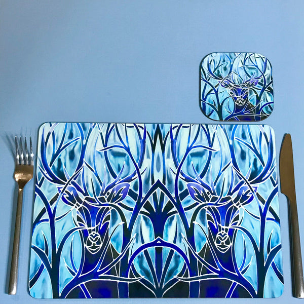 Blue Stag rectangular table mats and matching coasters - hard wearing durable mats - 32x23cm placemats in blue and aqua -gift for woodland, forest, tree and wildlife lovers.