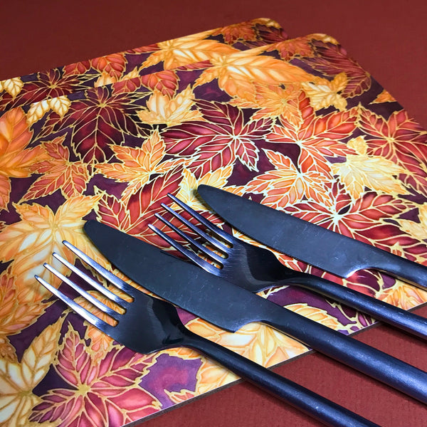Terracotta Leaves Placemats & Coasters - Caramel Table Mats  - Heatproof glass chopping boards