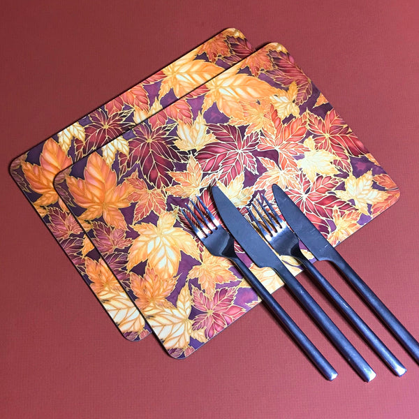 Terracotta Leaves Placemats & Coasters - Caramel Table Mats  - Heatproof glass chopping boards