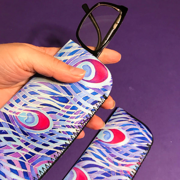 Blue Purple Red Peacock Feathers glasses cover - Reading / Large Glases Cover